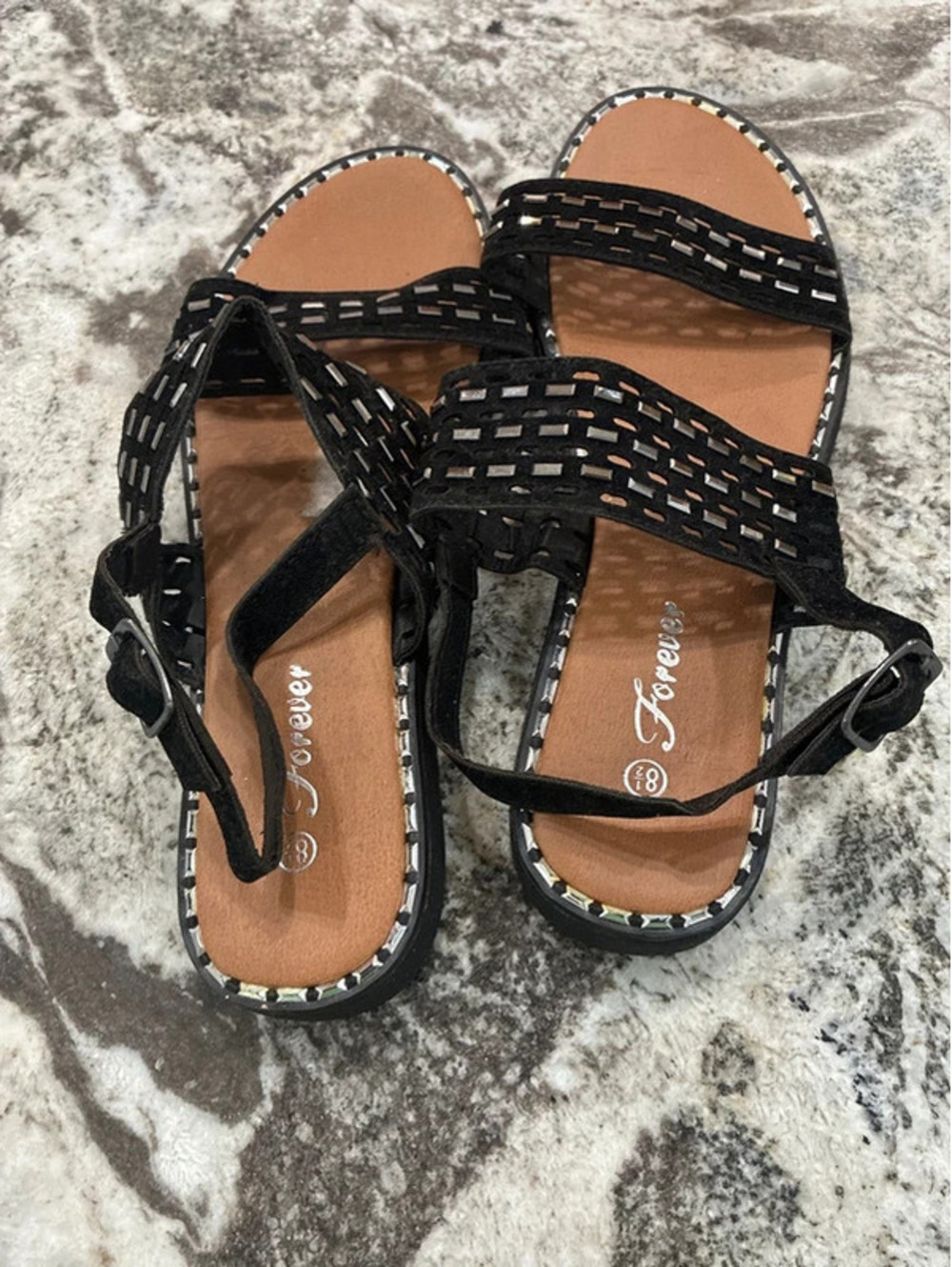 Forever Black Strappy Flat Sandals Size 7